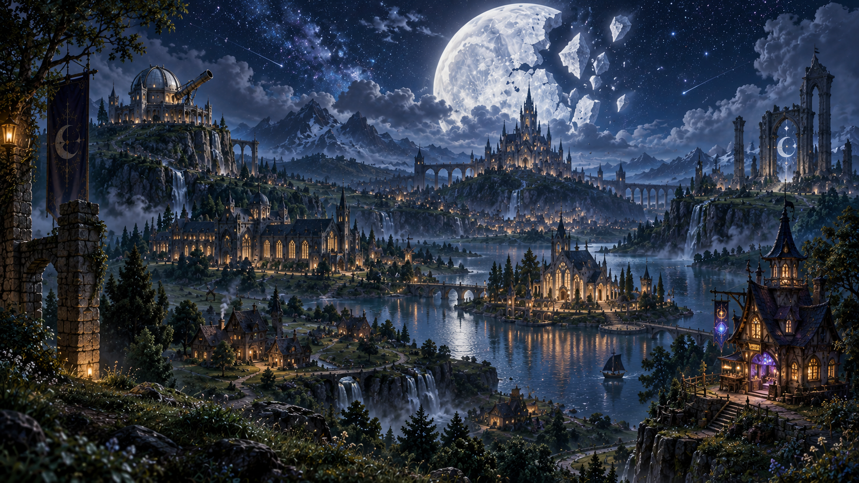 The moonlit realm of Aevareth, seen across mountains, towers, forests, and water
